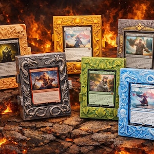 May include: Six decorative card holders in various colors, including gold, silver, green, and blue. Each holder features intricate relief designs and holds a trading card. The background shows a fiery, volcanic landscape.