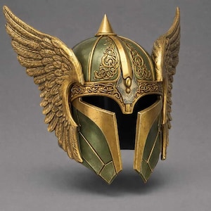 May include: A detailed, gold and green helmet with wing accents. The helmet features intricate Celtic knot designs and a pointed top. The wings are detailed with individual feathers. The helmet is likely for cosplay or display.
