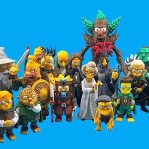 May include: A collection of colorful figurines, each depicting a character with yellow skin and unique costumes. The figures are arranged against a bright blue background. The collection includes characters with wizard hats, capes, and swords.