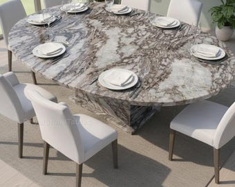 Luxe ovale marmeren eettafel | Sculpturale sokkelbasis | Moderne stenen eettafel voor elegante architecturale ovale marmeren eettafel |
