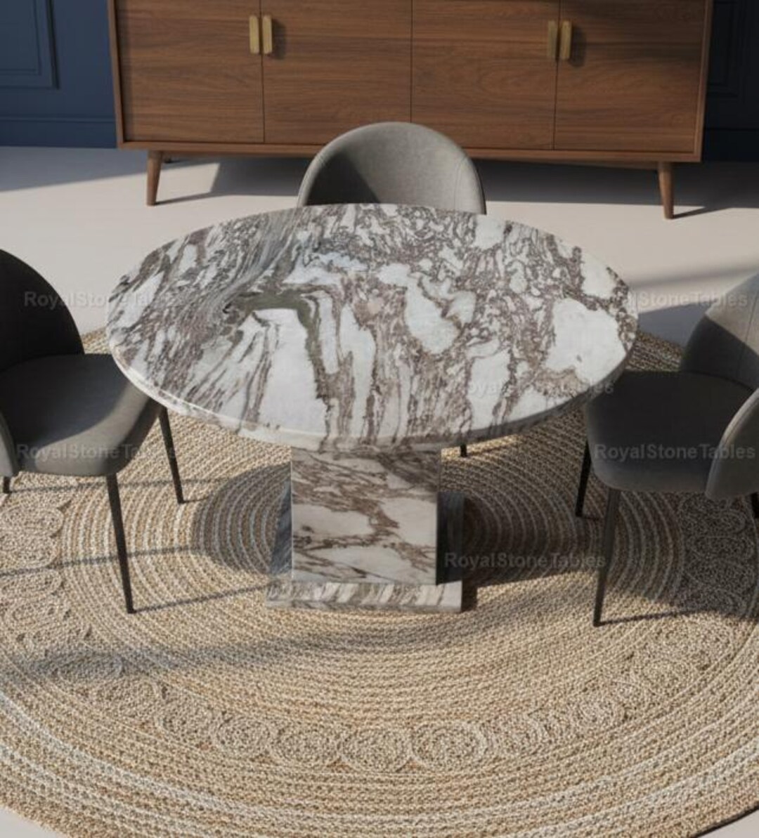 Luxury Round Marble Dining Table | Natural Brown & White Veining ...