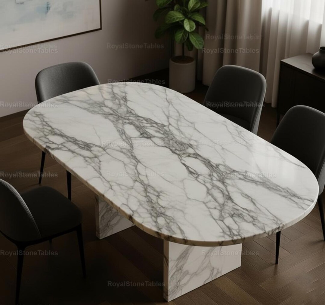 Modern White Marble Dining Table Gray Veining – Luxury Oval Stone Table ...