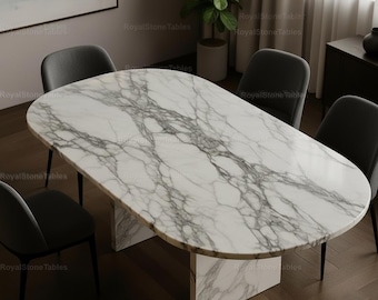 Moderne witmarmeren eettafel grijs geaderd – Luxe ovale stenen tafel voor moderne woningen Natuurstenen keuken- of eetkamertafelblad