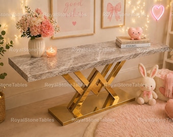 Luxury Marble Console Table, Gold Geometric Base Entryway Table, Modern Stone Sofa Table, Contemporary Hallway Console, Designer Furniture