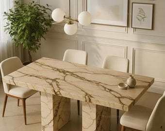 Luxe Italiaans marmeren eettafel | Beige bruine aders | Moderne stenen eettafel | Aangepast formaat natuurstenen meubelen keukentafel |