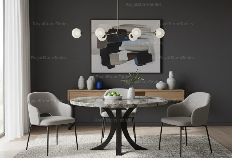 Luxury Round Marble Dining Table | Dramatic Grey Veining | Sculptural ...