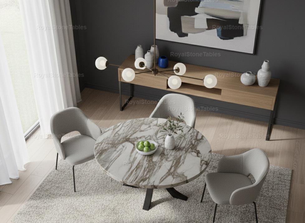 Luxury Round Marble Dining Table | Dramatic Grey Veining | Sculptural ...