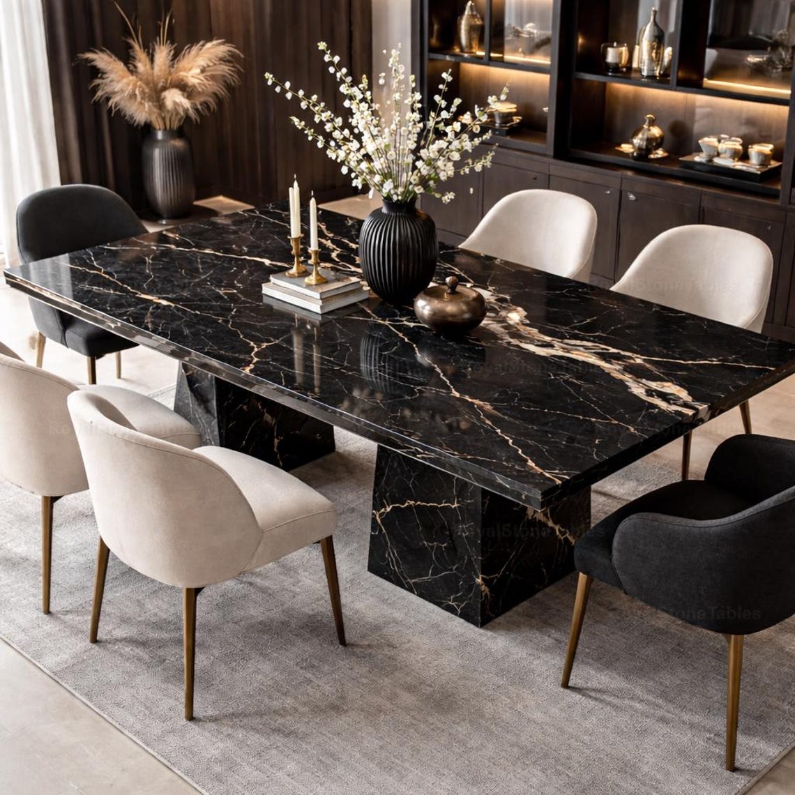 Luxury Black Marble Dining Table With Gold Veining – Modern Pedestal ...