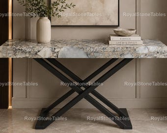 Modern Breccia Stone Entryway Console Table, Minimalist Cross Leg Marble Sofa Table, Luxury Stone Furniture, Living Room Hallway Table Top |
