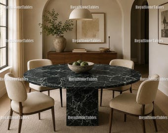 Luxury Black & Green Spider Marble Table | Round Stone Coffee Table | Contemporary Statement Round Green Marble Dining Décor Tabletop |