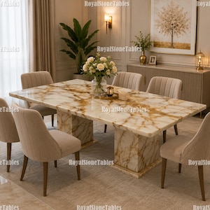 Luxury Golden Onyx Dining Table, Rectangular Stone Dining Table, Modern Marble Dining Table, Double Pedestal Base, Custom Luxury Table |