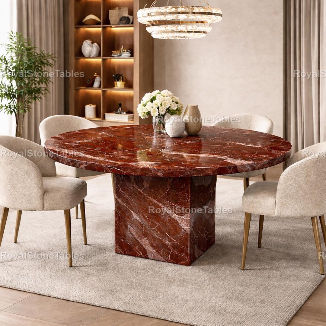 Luxury Red Marble Dining Table – Handcrafted Solid Stone Table for ...