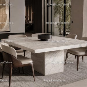 Mesa de comedor de mármol blanco de lujo, mesa rectangular de piedra moderna, mesa de centro contemporánea minimalista para comedor /