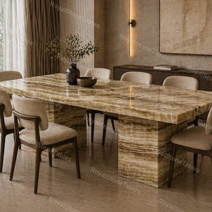 Tiger Onyx Dining Table, Breccia Stone Rectangular Table, Solid Onyx Pedestal Base, Luxury Marble Dining Table, Bespoke Stone Furniture