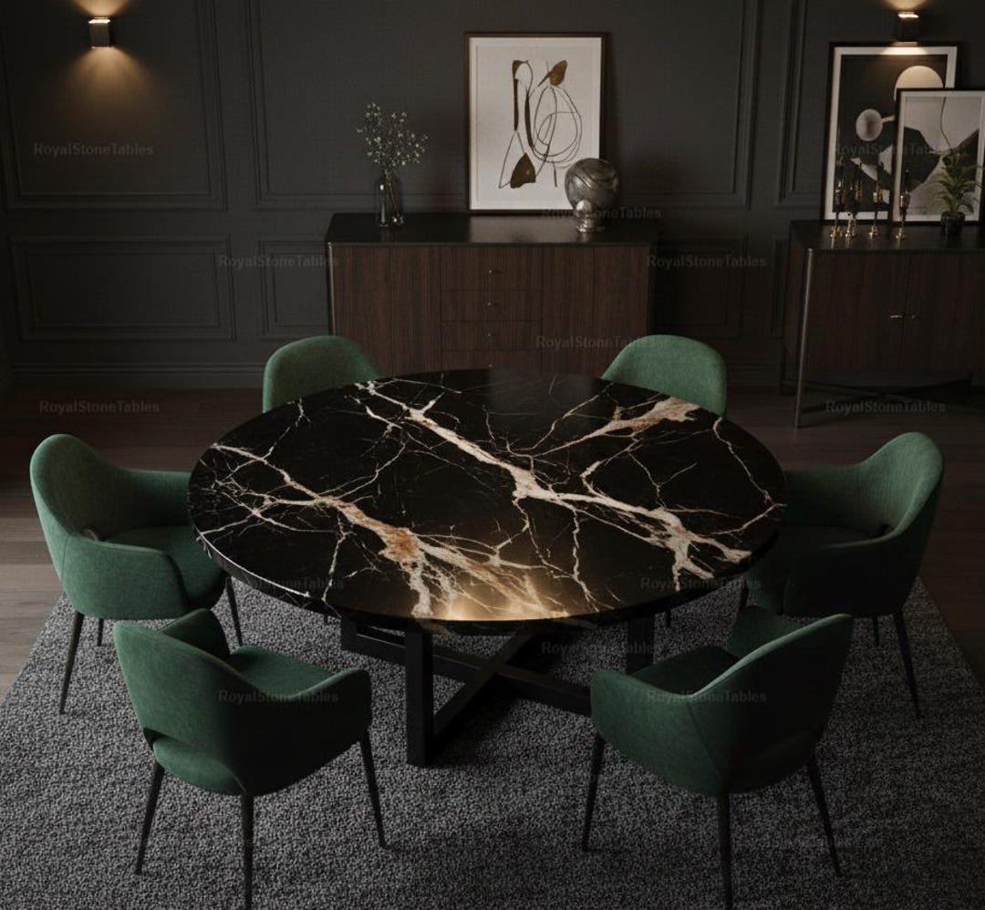 Round Black Marble Dining Table With Gold Veining – Modern Custom ...
