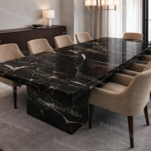 Nero Marquina Black Marble Dining Table, Large Rectangular Stone Table, Modern Pedestal Base Dining Table, Luxury Table, Custom Furniture