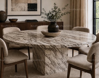 Luxury Round Calacatta Viola Marble Table, Modern Stone Dining Table, Luxury Pedestal Kitchen Table, Contemporary Marble Dining Tabletop |