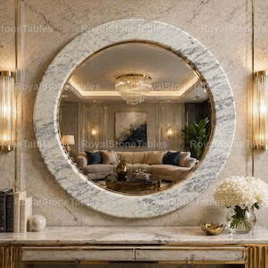 Luxury White Marble Round Wall Mirror, Arabescato Marble Mirror Frame, Large Circular Stone Mirror, Modern Wall Mirror, Entryway Décor