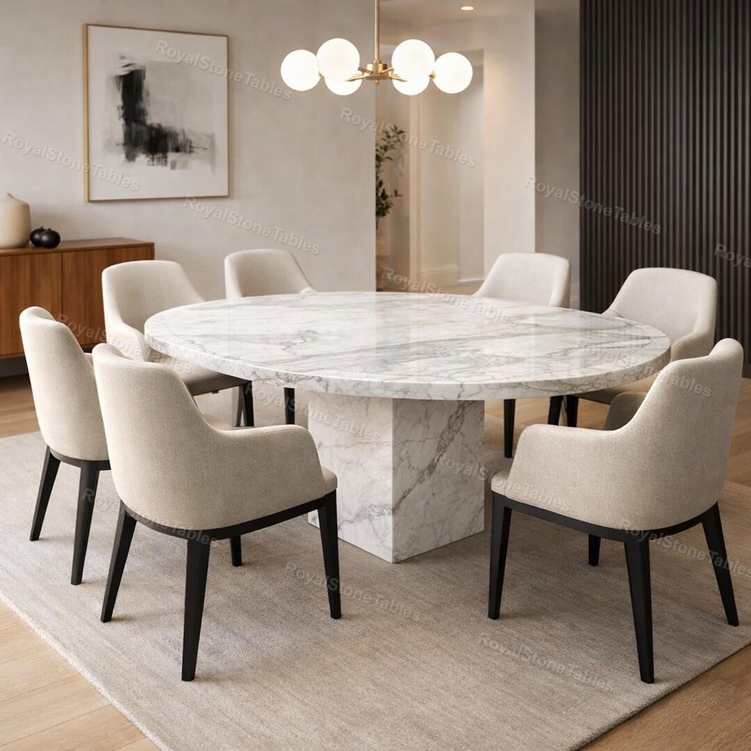 Round White Marble Dining Table, Calacatta Marble Pedestal Table ...