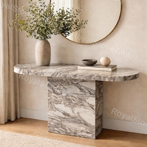 Calacatta Viola Marble Console Table, Oval Entryway Table, Luxury Italian Marble Table, Modern Stone Console, Sculptural Plinth Base Table