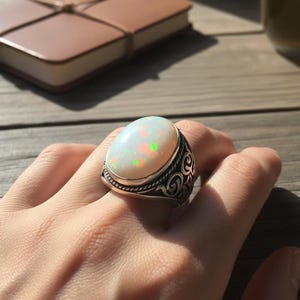 Australian White Opal Ring – Sterling Silver Oval Gemstone, Unisex Band for Women and Men