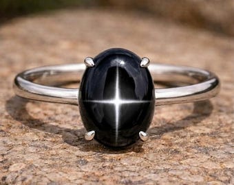 Oval Black Star Sapphire Ring, Sterling Silver Statement, 4 Ray Gemstone, Prong Setting For Her
