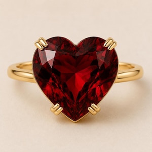 May include: A gold ring featuring a large, heart-shaped, deep red gemstone. The gemstone is faceted, catching the light and displaying a brilliant shine. The ring's band is a simple, polished gold.