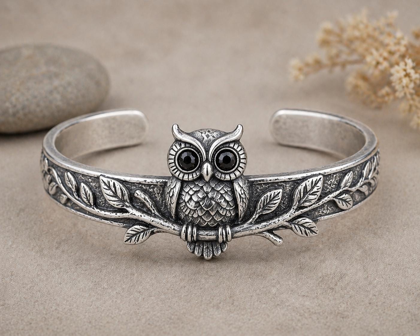 Sterling Silver Owl Cuff Bangle, Black Eye Gothic Boho Jewelry
