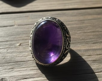 Handmade Amethyst Ring - 925 Sterling Silver - Oval-Shaped Gemstone Birthstone - Designer Band Unisex Ring