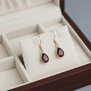 Natural Garnet Earrings, Garnet Gold Earrings, Red Garnet Dangle Earrings, Tear Drop Earrings, Garnet Earrings For Women, Mother's Day Gifts