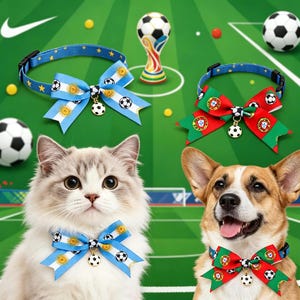 以下が含まれることがあります： サッカーをテーマにした蝶ネクタイと首輪をつけた猫と犬。猫の蝶ネクタイは、サッカーボールとアルゼンチン国旗が描かれた水色です。犬の蝶ネクタイは、サッカーボールとポルトガル国旗が描かれた赤と緑です。