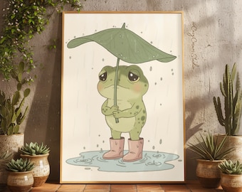 Póster imprimible de rana lluviosa para pared de guardería, decoración de habitación infantil, póster de animales bebés