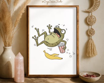 Impresión de rana divertida / Póster de deslizamiento / Decoración de habitación infantil / Arte de pared caprichoso