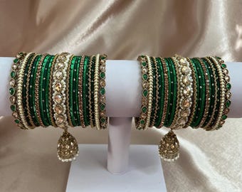 Green antique gold Jhumka Bangles set for women , wedding/party/gift , Indian/pakistani bracelet,  jewellery for all
