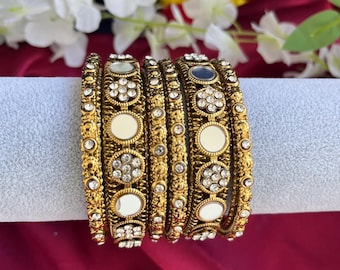 Mirror And Stone Bangle Set, Antique Gold Finish/Indian/Pakistani Jewellery/wedding/Party