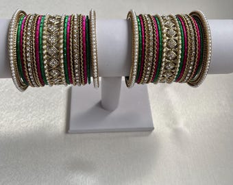 Green and Pink Bangle Set , antique gold , Indian/Pakistani for all events , Fashion bracelet , Both Arms for women