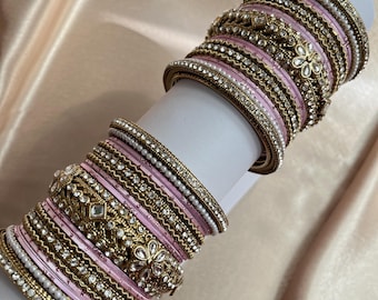 Pale Pink and Gold Bangle Set,Indian/Pakistani, artificial jewellery for women , fashion bracelet, for wedding/party/festival/gift