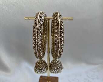 Antique Gold, Champagne Colour Stone and Pearl Jhumka Bangles/ Indian/Pakistani