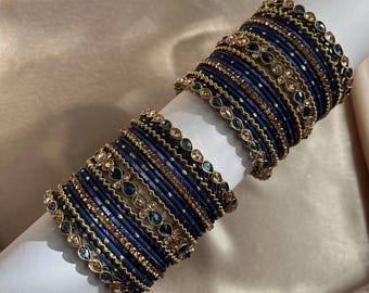 Blue and champagne antique gold bangle set, Indian/Pakistani , artificial jewellery for women, bracelet for events, festival,gift