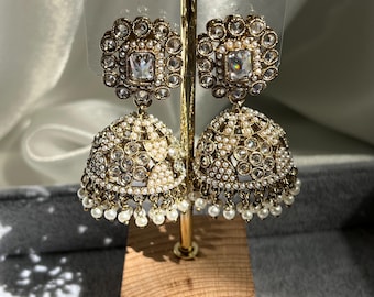 Traditional Pearl and Crystal Large jhumka earrings, Indian/Pakistani/Punjabi/ Ethnic Jewellery for wedding and festival