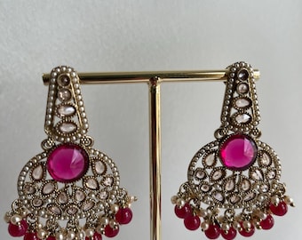 Indian/Pakistani Antique Gold colourful Crystals and pearl Earring, For wedding, Party,Birthday /Indian Jewellery