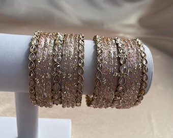 Light Pink Glass Bangle Set with Metal Set/3 sizes available 2.4/2.6/2.8 /Wedding/Engagement/Festival/Gift for Her /Indian/Pakistani