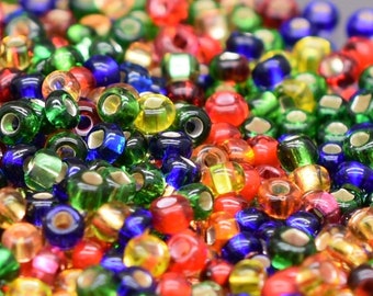 Bright small beads, Red Yellow Blue Green Beads Beads with foil, Christmas colors, 2 mm Glass seed beads, Glittering transparent 40 gr.