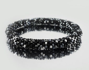 Black Bracelet , Black silver bracelet, Black bead bangle/ ALL SIZES/ Handmade bead crochet bracelet, Nepal style bangle, Big beads