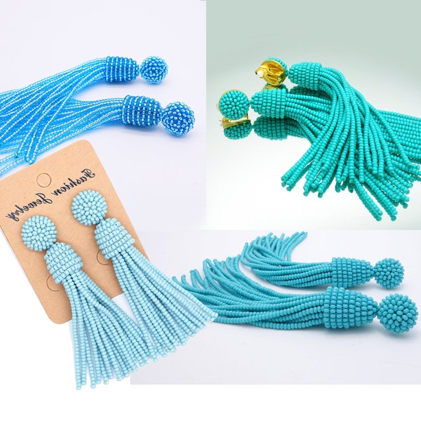 Blue bead tassel Earrings, Light Baby blue earrings, Turquoise earrings Oscar de la Renta style; Clip-on or Silver STUDS, ALL SIZES