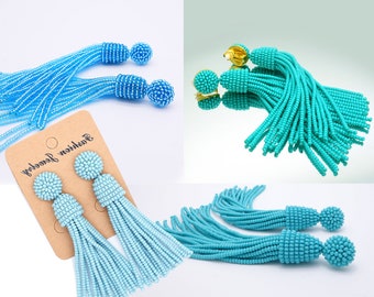 Blue bead tassel Earrings, Light Baby blue earrings, Turquoise earrings Oscar de la Renta style; Clip-on or Silver STUDS, ALL SIZES