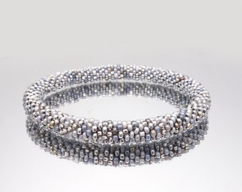 Silver Bracelet , Steel metallic bangle of beads mix, ALL SIZES, Handmade beaded crochet bracelet, Nepal style, small beads