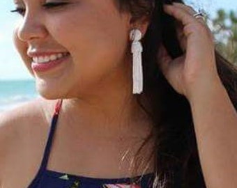 White Earrings, long earrings, beaded tassel Earrings. choose LENGTH and FASTENING: Studs or Clip ons. Handmade Oscar de la Renta style
