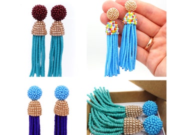 Blue Gold long Earrings. choose LENGTH and FASTENING: Studs or Clip ons, Beaded earrings, Gold Blue earrings, Dangle drop tassel earrings