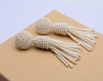 Pendientes de perlas con borlas colgantes, adornados con cuentas, CLIPS o Tachuelas, pendientes largos, pendientes con borlas, todos los largos, dama de honor de boda
